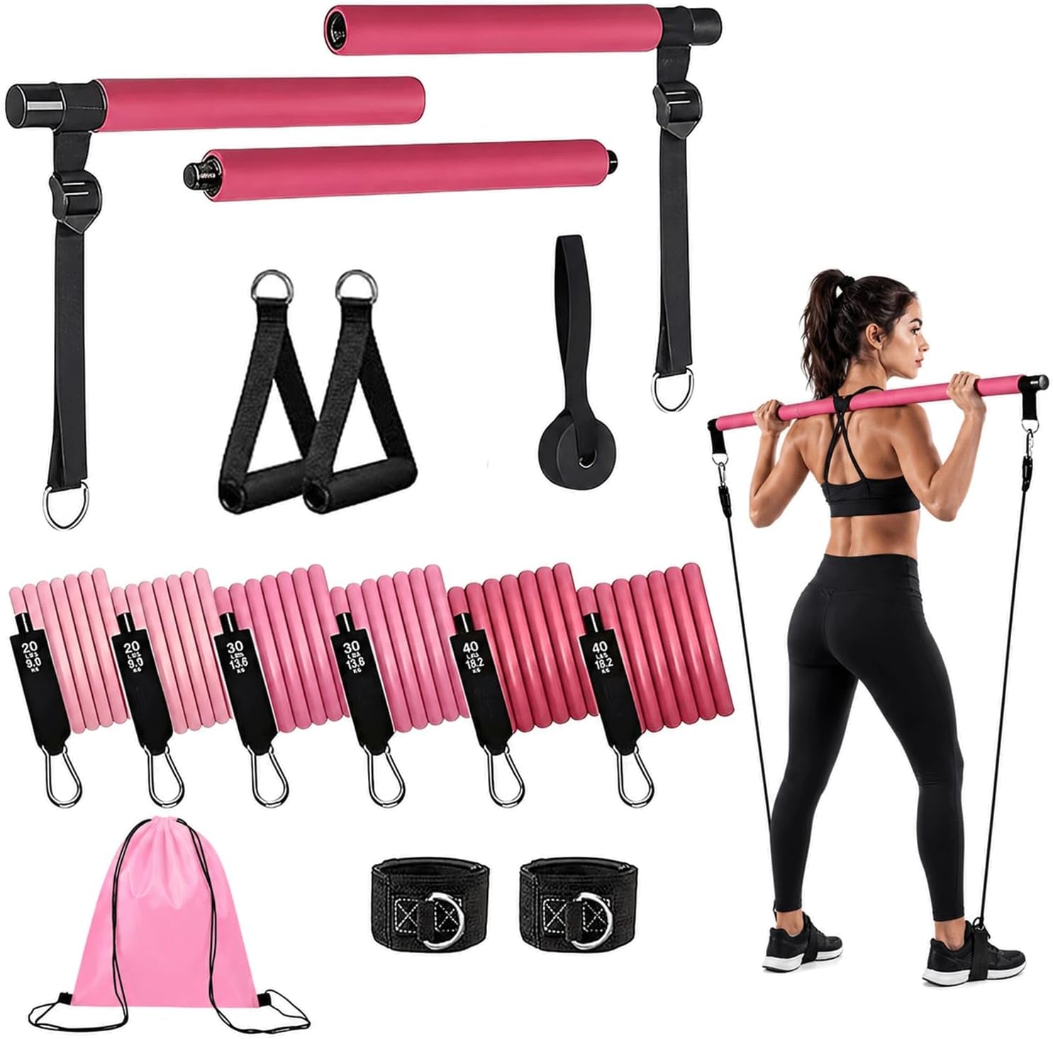 Pilates Bar Kit with Resistance Bands, Pilates Workout Equipment for Home Gym, Adjustable 3-Section Pilates Bar Kit for Women & Men, Ideal Pilates at Home Kit for Full Body Training & Flexibility