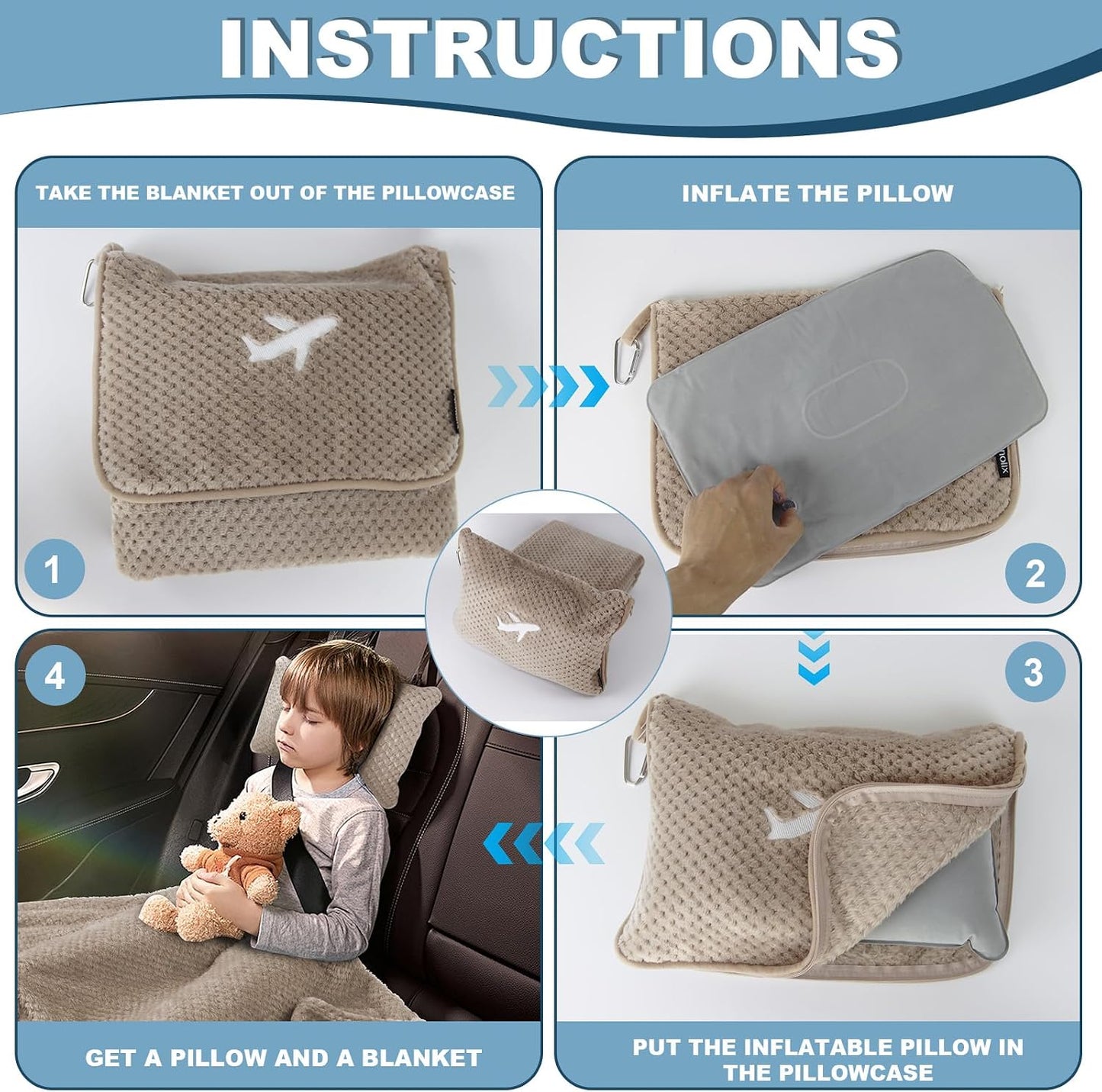 Travel Blanket Airplane Compact with Bag, Travel Essentials 3 in 1 Packable Airplane Blanket, Travel Pillow and Blanket Set, Inflatable Pillow, Luggage Sleeve & Backpack Clip (Camel)