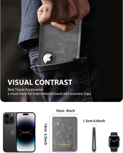 Airtag Passport Wallet, Grey, Unisex, Faux Leather, RFID Blocking, Anti-Waterproof