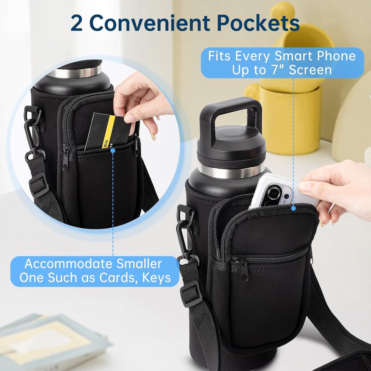 Water Bottle Carrier Bag for YETI Rambler 46/36Oz Bottle - Water Bottle Holder with Strap, Adjustable Shoulder Sling Bag with 2 Pocket for Travel Hiking