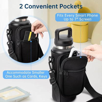 Water Bottle Carrier Bag for YETI Rambler 46/36Oz Bottle - Water Bottle Holder with Strap, Adjustable Shoulder Sling Bag with 2 Pocket for Travel Hiking