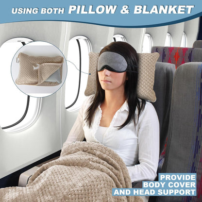 Travel Blanket Airplane Compact with Bag, Travel Essentials 3 in 1 Packable Airplane Blanket, Travel Pillow and Blanket Set, Inflatable Pillow, Luggage Sleeve & Backpack Clip (Camel)