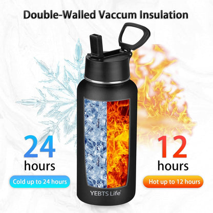Insulated Water Bottle with Straw,32 Oz Vacuum Insulated Stainless Steel Sports Water Flask,Keeps Cold and Hot,Metal Water Bottle Wide Mouth for Gym Travel Camping (Black)