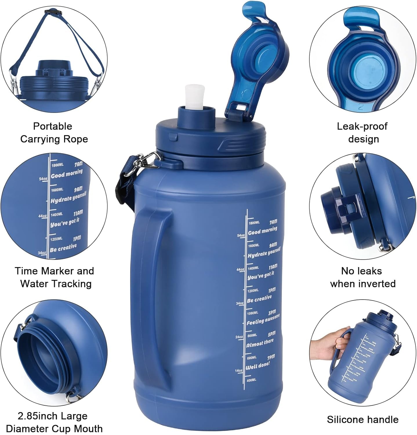 Collapsible Water Bottles, 2L/64OZ Travel Water Bottle Bottle with Straw, Half Gallon Large Water Bottle for Travel Outdoor Sports Runing Fitness Yoga (Upgraded Blue)