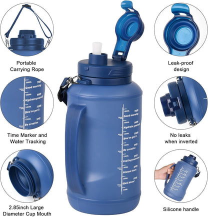 Collapsible Water Bottles, 2L/64OZ Travel Water Bottle Bottle with Straw, Half Gallon Large Water Bottle for Travel Outdoor Sports Runing Fitness Yoga (Upgraded Blue)