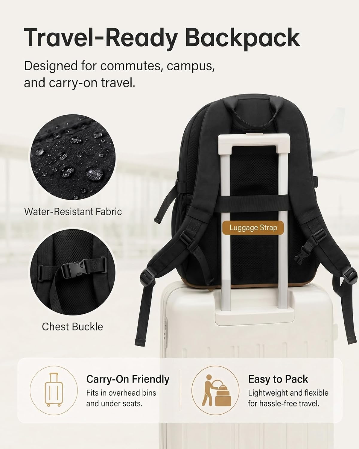Travel Laptop Backpack, Waterproof Carry on Backpack for Women Men, 15.6 Inch Computer Bag, Large College School Bookbag with Luggage Sleeve, Chest Strap & Water Bottle Pocket