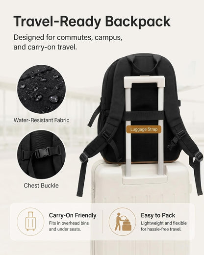Travel Laptop Backpack, Waterproof Carry on Backpack for Women Men, 15.6 Inch Computer Bag, Large College School Bookbag with Luggage Sleeve, Chest Strap & Water Bottle Pocket