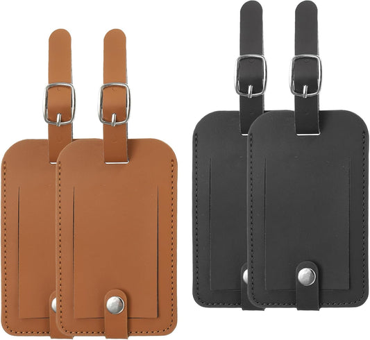 4 Pack Luggage Bag Tags, PU Leather Suitcase Name Tags with Snap Travel Label Luggage Identifier Privacy Protection Travel Accessories, Black Brown
