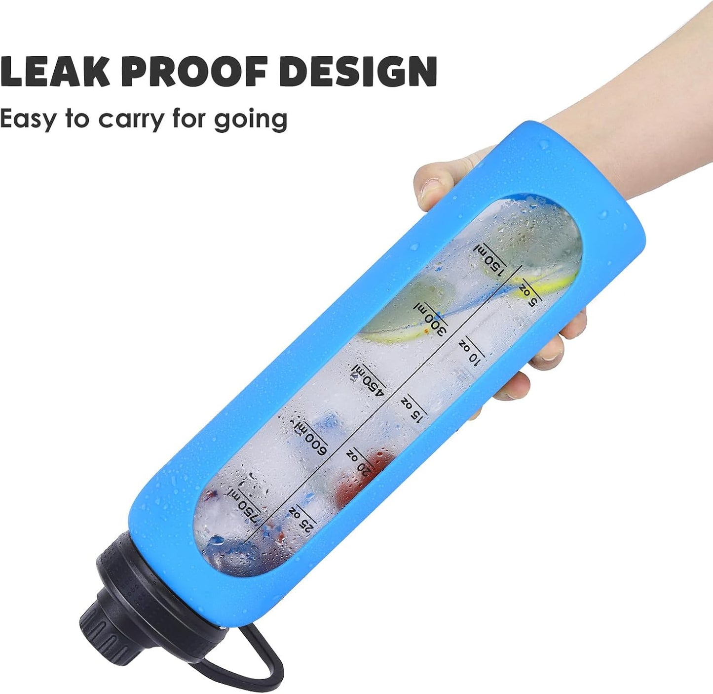 Glass Water Bottles 32Oz with Silicone Sleeve Drinking Hydration Bottles Reusable Borosilicate Wide Mouth Motivational Water Flask Canteen with Time Marker Spout Lid and Brush