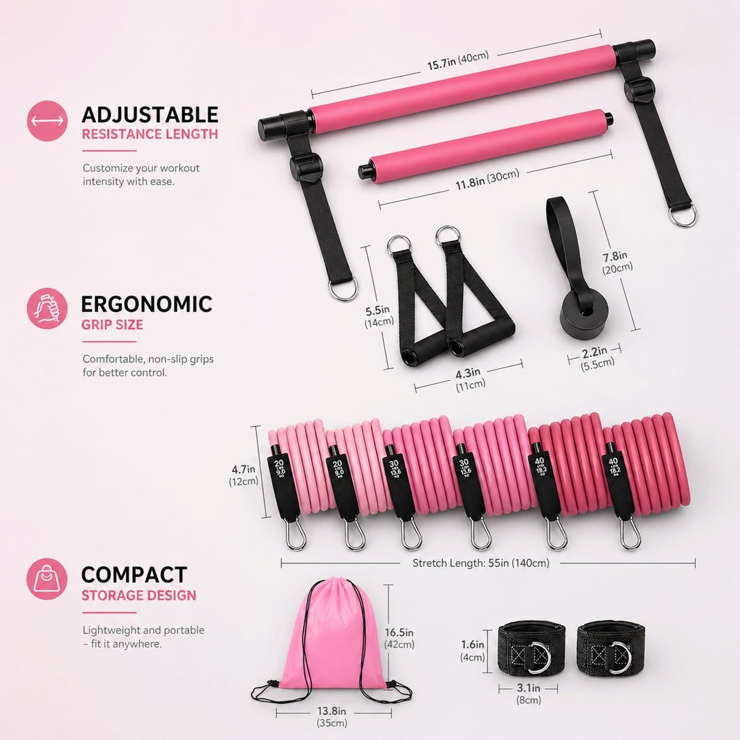 Pilates Bar Kit with Resistance Bands, Pilates Workout Equipment for Home Gym, Adjustable 3-Section Pilates Bar Kit for Women & Men, Ideal Pilates at Home Kit for Full Body Training & Flexibility