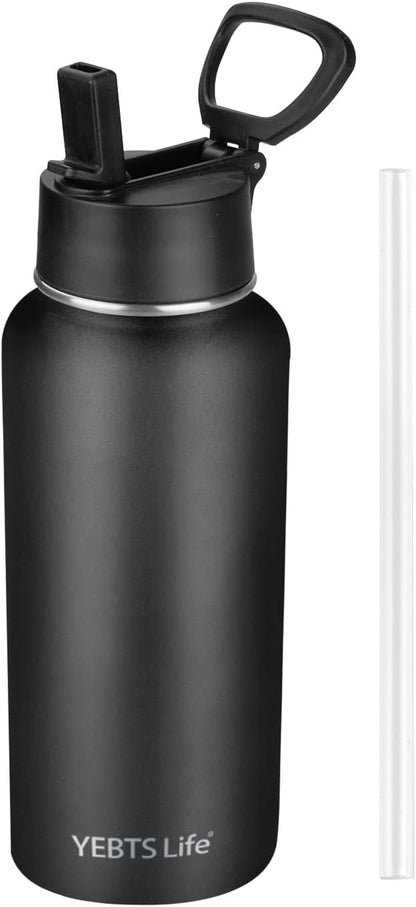 Insulated Water Bottle with Straw,32 Oz Vacuum Insulated Stainless Steel Sports Water Flask,Keeps Cold and Hot,Metal Water Bottle Wide Mouth for Gym Travel Camping (Black)