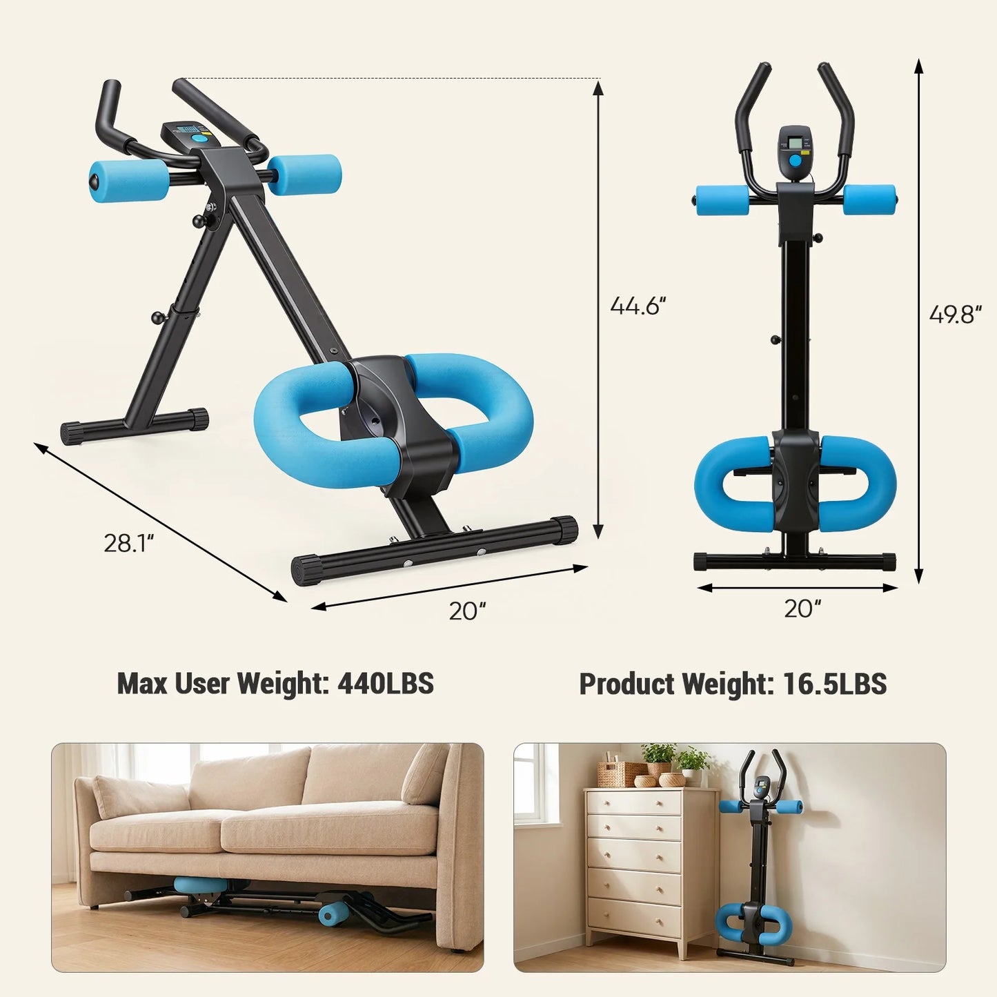 Adjustable Ab Machine for Home Gym, Foldable Ab Workout Equipment with Knee Protection & LCD Monitor, Core & Stomach Trainer, Black Blue