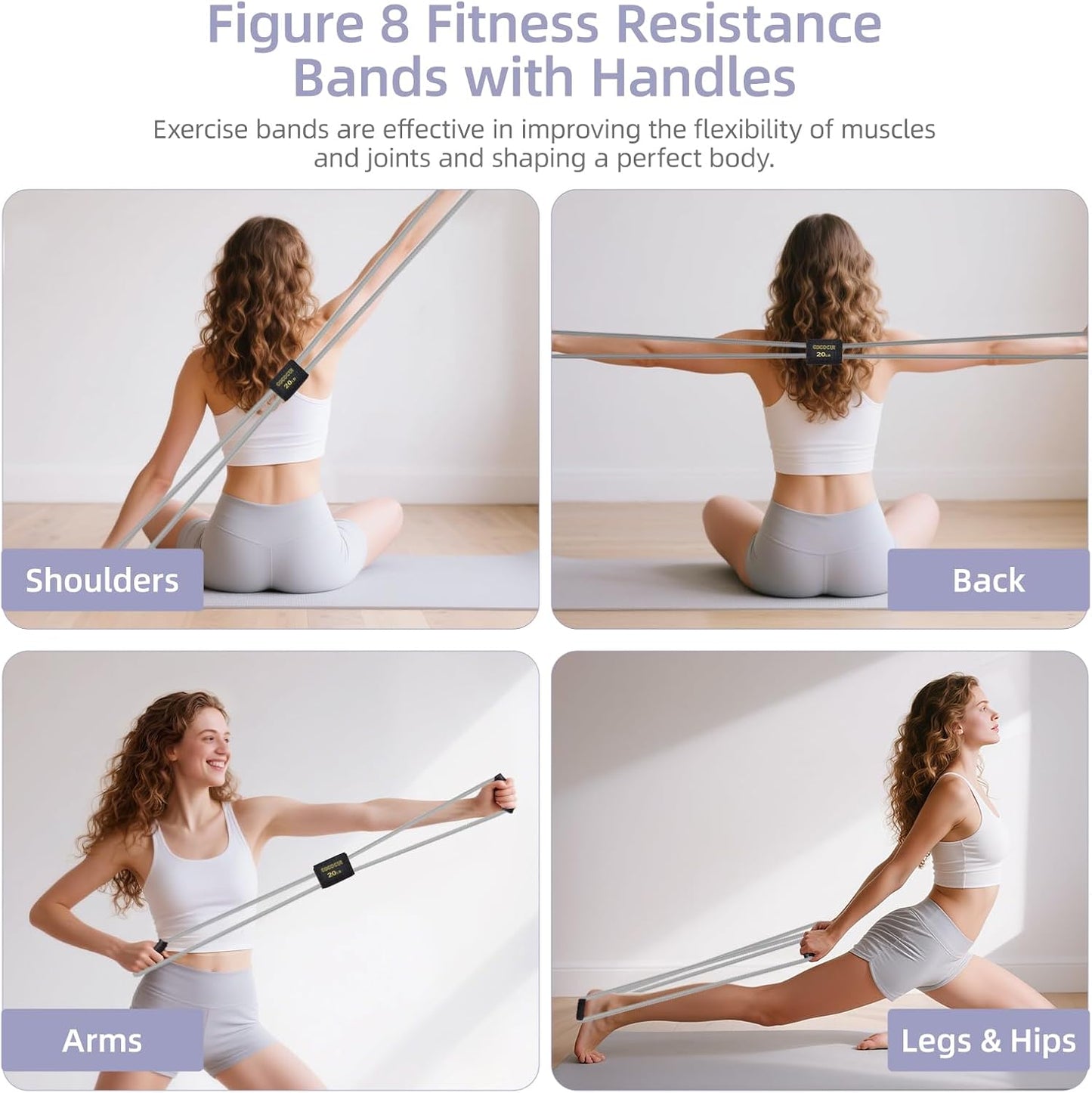 Figure 8 Resistance Bands with Handles for Women Men, Exercise Bands for Back, 8 Shaped Resistance Bands for Arms, Shoulder, Leg Stretching, Physical Therapy, Yoga, Pilates, Home Gym Workout Equipment