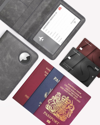 Airtag Passport Wallet, Grey, Unisex, Faux Leather, RFID Blocking, Anti-Waterproof