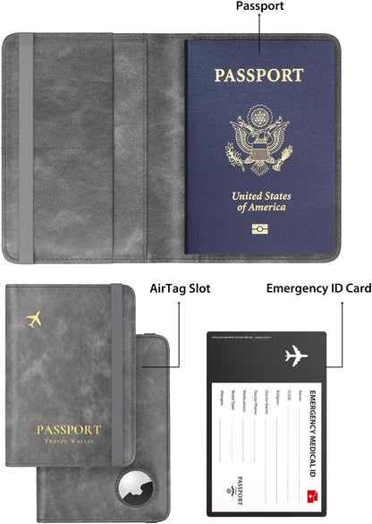 Airtag Passport Wallet, Grey, Unisex, Faux Leather, RFID Blocking, Anti-Waterproof