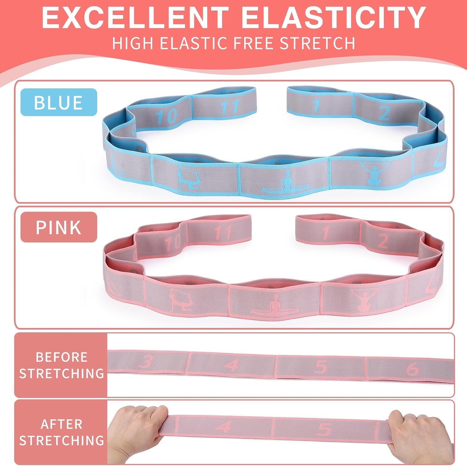 Elastic Yoga Stretching Strap with Loops,  Stretch Straps for Physical Therapy, Pilates Stretch Band, Elastic Exercise Bands, Leg Stretching Strap, Stretch Resistance Bands for Exercise