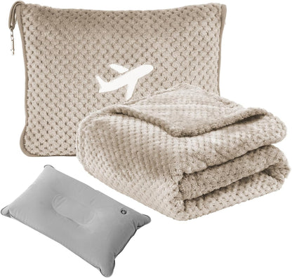 Travel Blanket Airplane Compact with Bag, Travel Essentials 3 in 1 Packable Airplane Blanket, Travel Pillow and Blanket Set, Inflatable Pillow, Luggage Sleeve & Backpack Clip (Camel)