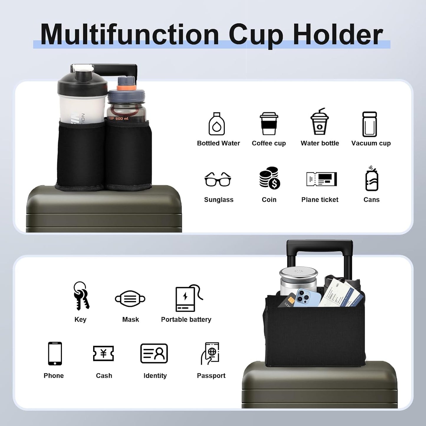 Luggage Travel Cup Holder for Suitcases Free Hands, Travel Accessories, Carry on Beverage Cup Holder Attachment, Luggage Cup Caddy Gifts for Flight Attendants, Business, Travelers, Black