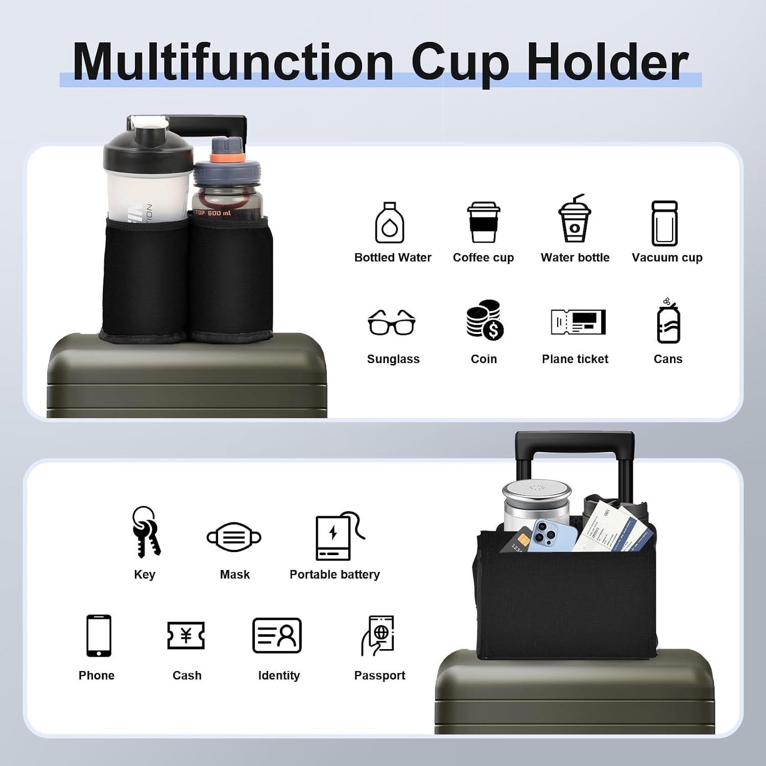 Luggage Travel Cup Holder for Suitcases Free Hands, Travel Accessories, Carry on Beverage Cup Holder Attachment, Luggage Cup Caddy Gifts for Flight Attendants, Business, Travelers, Black