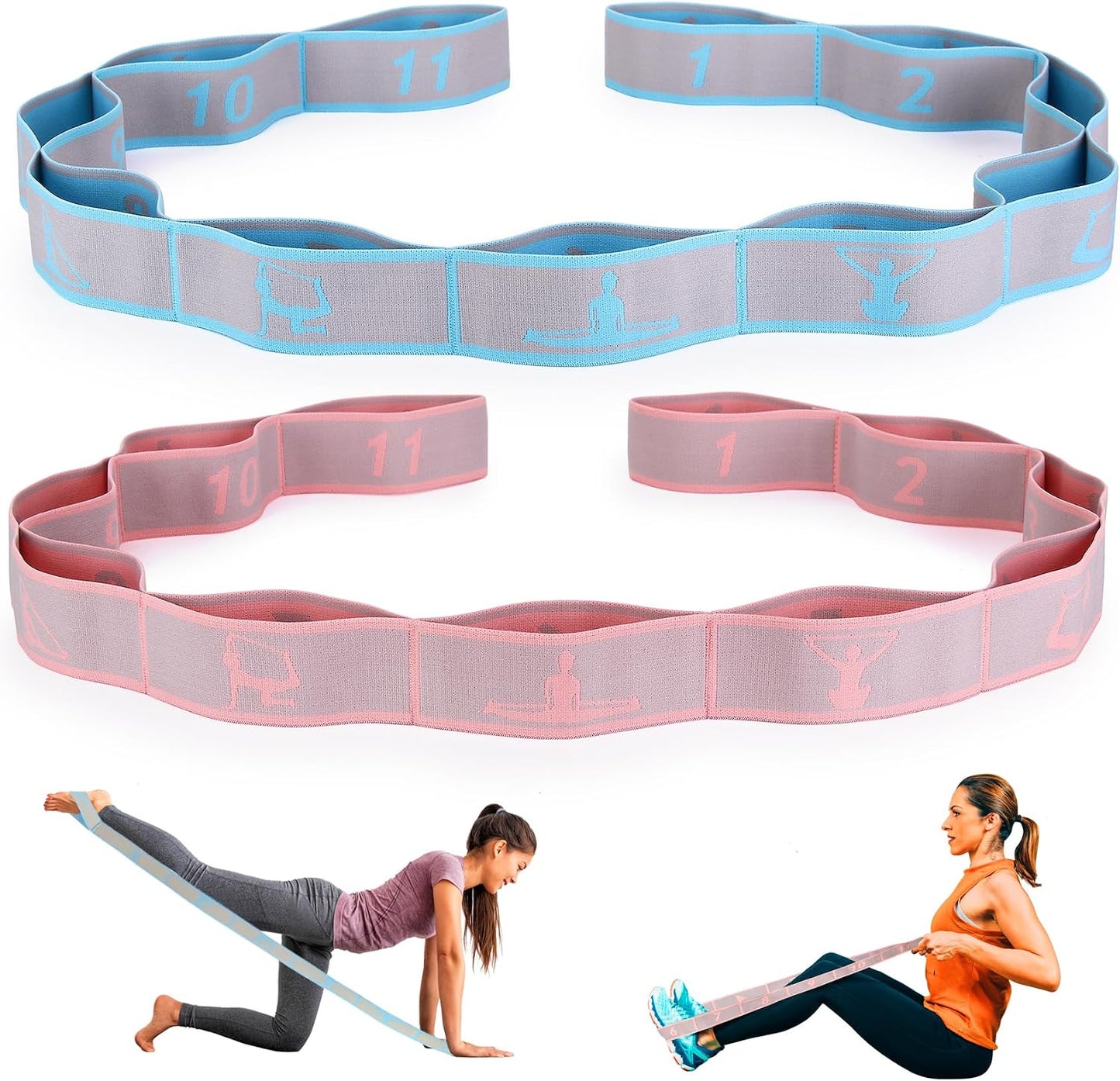 Elastic Yoga Stretching Strap with Loops,  Stretch Straps for Physical Therapy, Pilates Stretch Band, Elastic Exercise Bands, Leg Stretching Strap, Stretch Resistance Bands for Exercise
