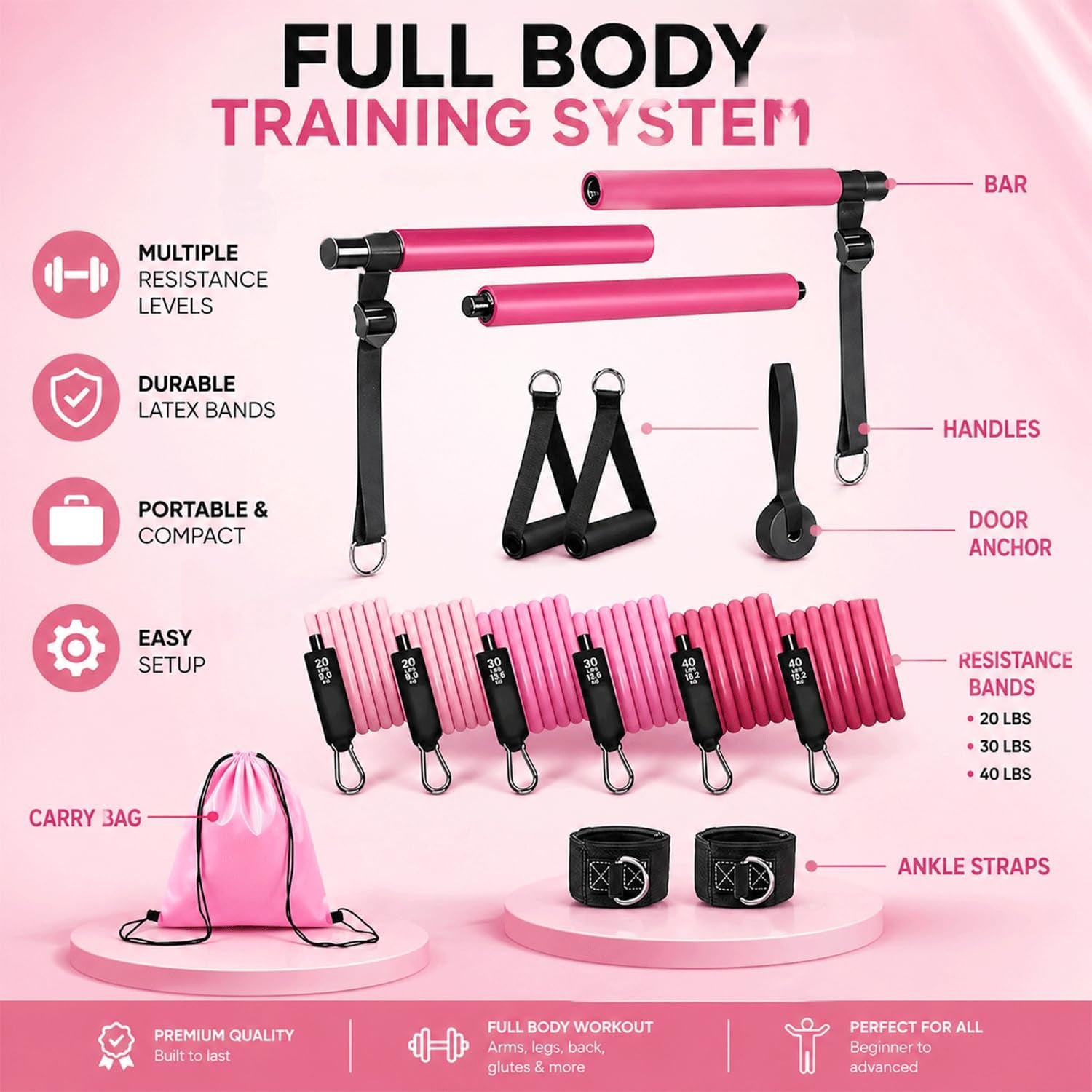Pilates Bar Kit with Resistance Bands, Pilates Workout Equipment for Home Gym, Adjustable 3-Section Pilates Bar Kit for Women & Men, Ideal Pilates at Home Kit for Full Body Training & Flexibility