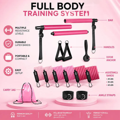 Pilates Bar Kit with Resistance Bands, Pilates Workout Equipment for Home Gym, Adjustable 3-Section Pilates Bar Kit for Women & Men, Ideal Pilates at Home Kit for Full Body Training & Flexibility
