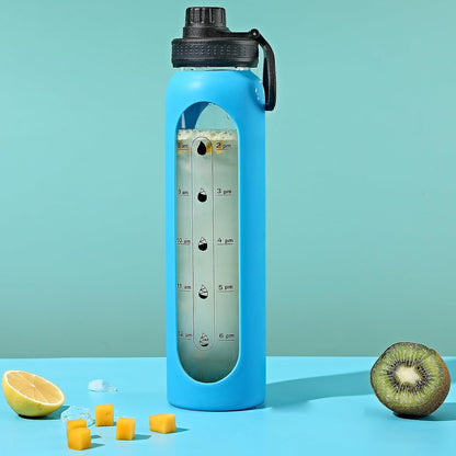 Glass Water Bottles 32Oz with Silicone Sleeve Drinking Hydration Bottles Reusable Borosilicate Wide Mouth Motivational Water Flask Canteen with Time Marker Spout Lid and Brush