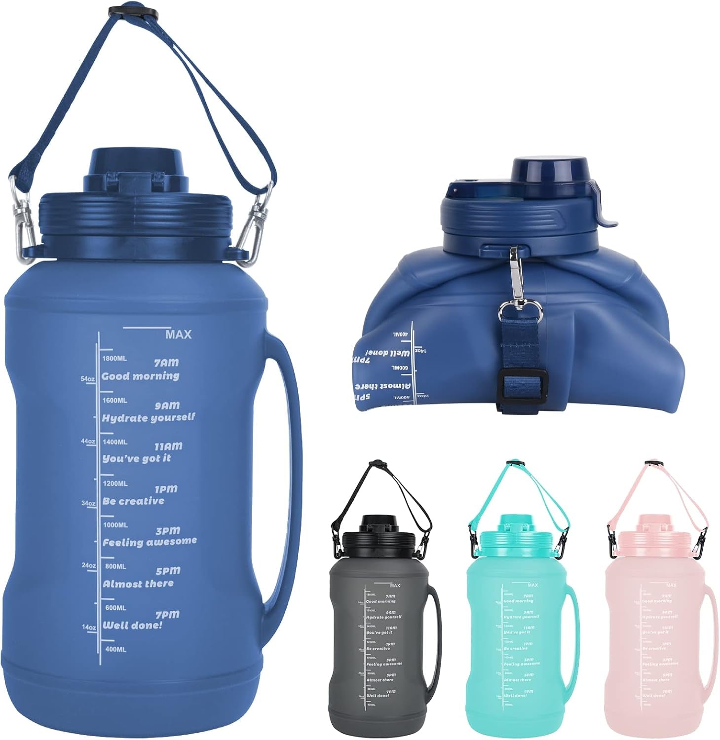 Collapsible Water Bottles, 2L/64OZ Travel Water Bottle Bottle with Straw, Half Gallon Large Water Bottle for Travel Outdoor Sports Runing Fitness Yoga (Upgraded Blue)
