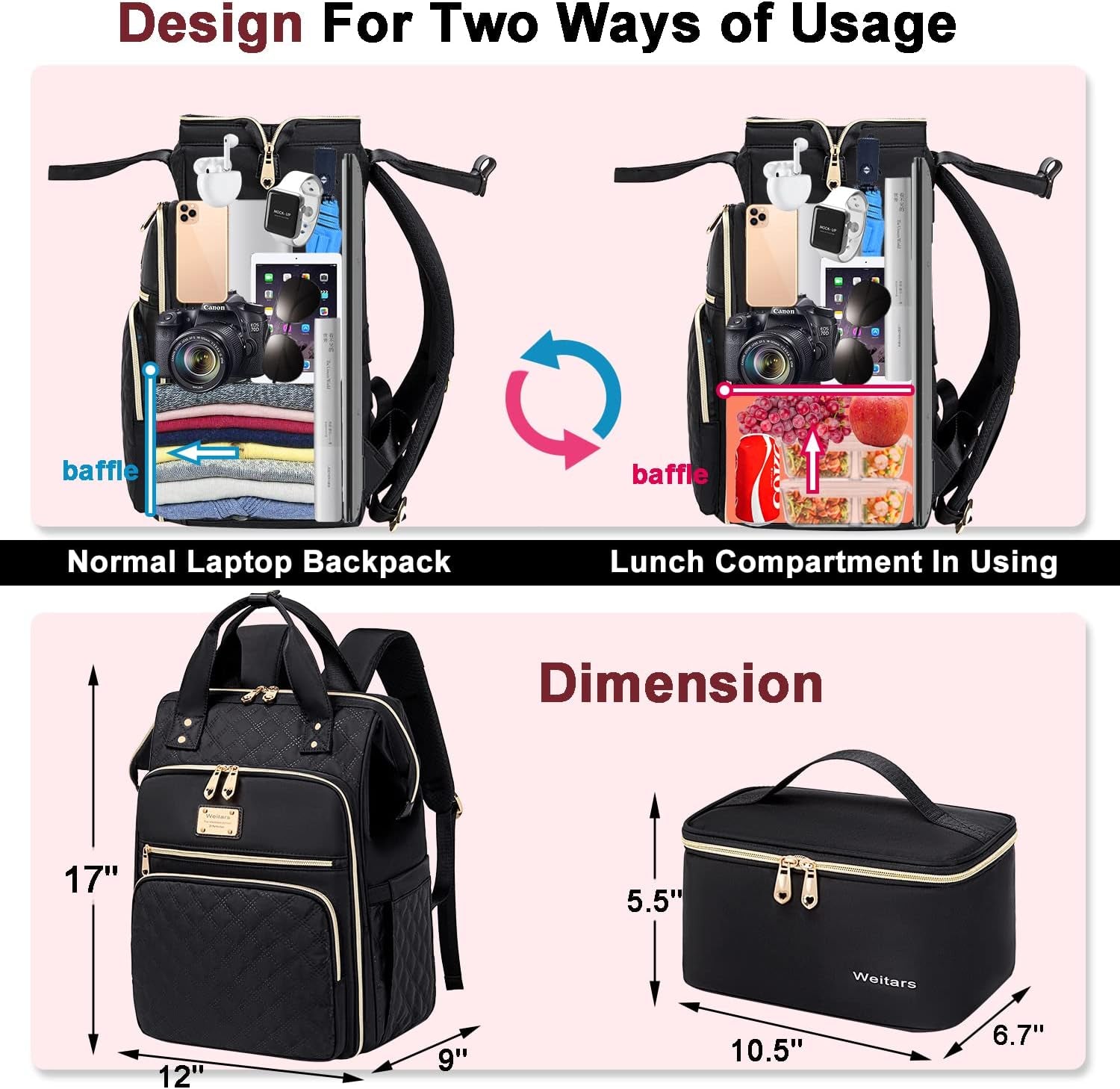 Lunch Backpack for Women,15.6 Inch Laptop Backpacks with Lunch Box