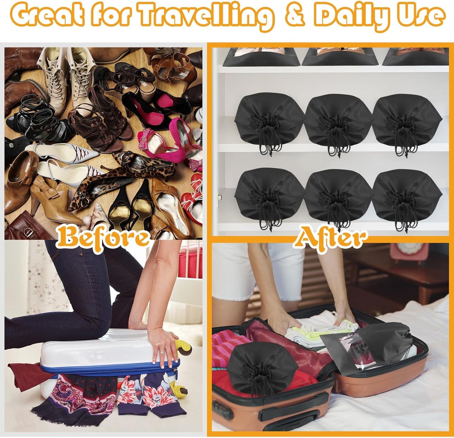 Black Travel Shoe Bags - 10 Pcs Non-Woven Packing Bags with Clear Window