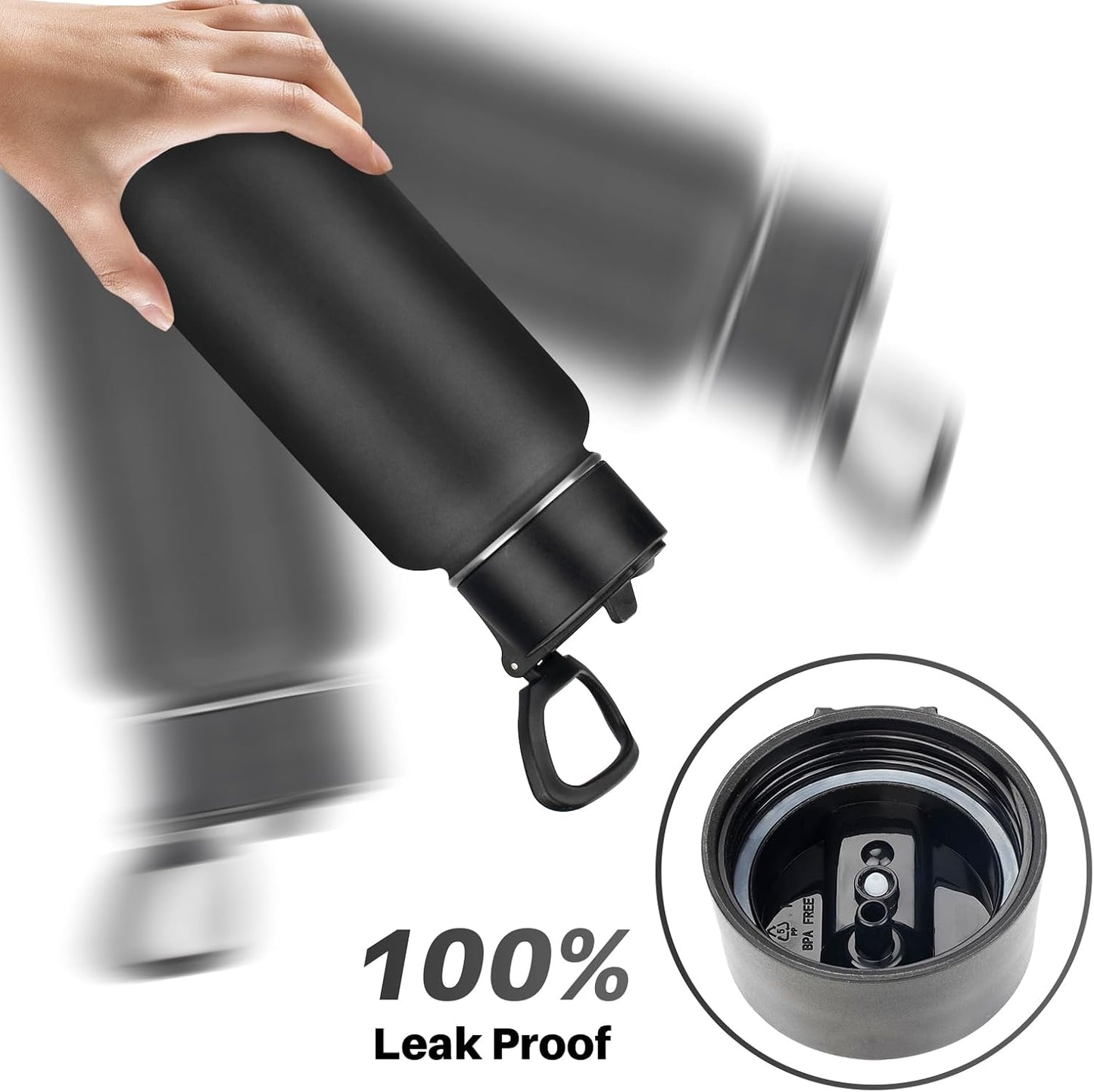 Insulated Water Bottle with Straw,32 Oz Vacuum Insulated Stainless Steel Sports Water Flask,Keeps Cold and Hot,Metal Water Bottle Wide Mouth for Gym Travel Camping (Black)