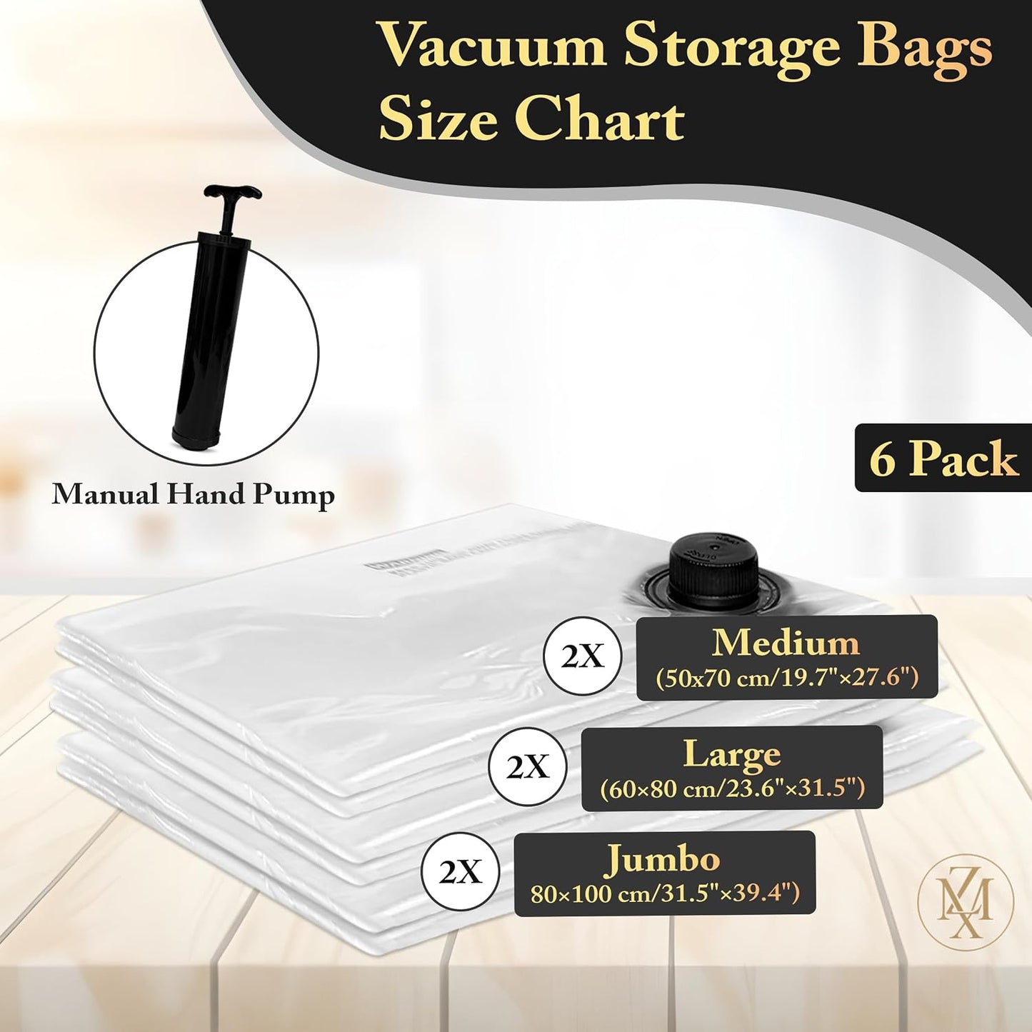 Vacuum Storage Bags 6 Pack with Hand Pump – Space Saver Compression Bags for Clothes, Bedding, Travel & Home Storage