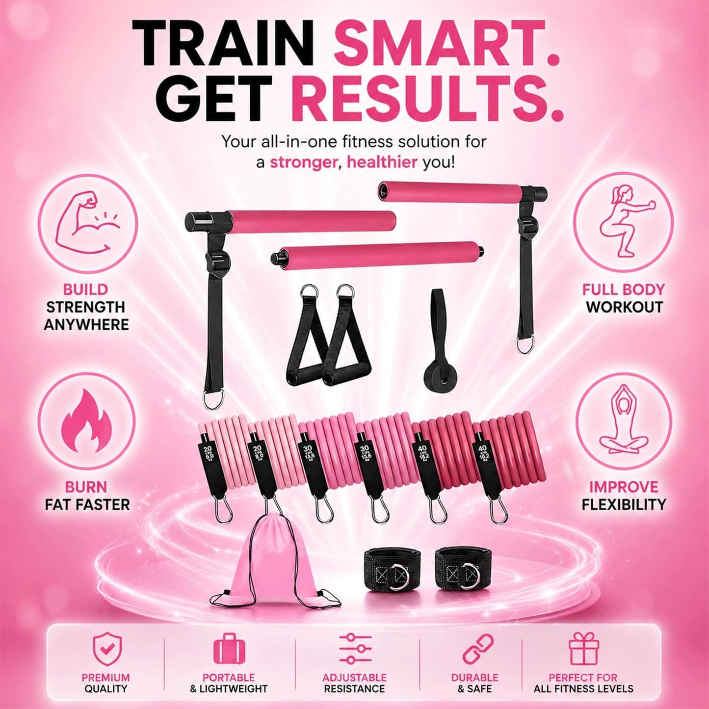 Pilates Bar Kit with Resistance Bands, Pilates Workout Equipment for Home Gym, Adjustable 3-Section Pilates Bar Kit for Women & Men, Ideal Pilates at Home Kit for Full Body Training & Flexibility