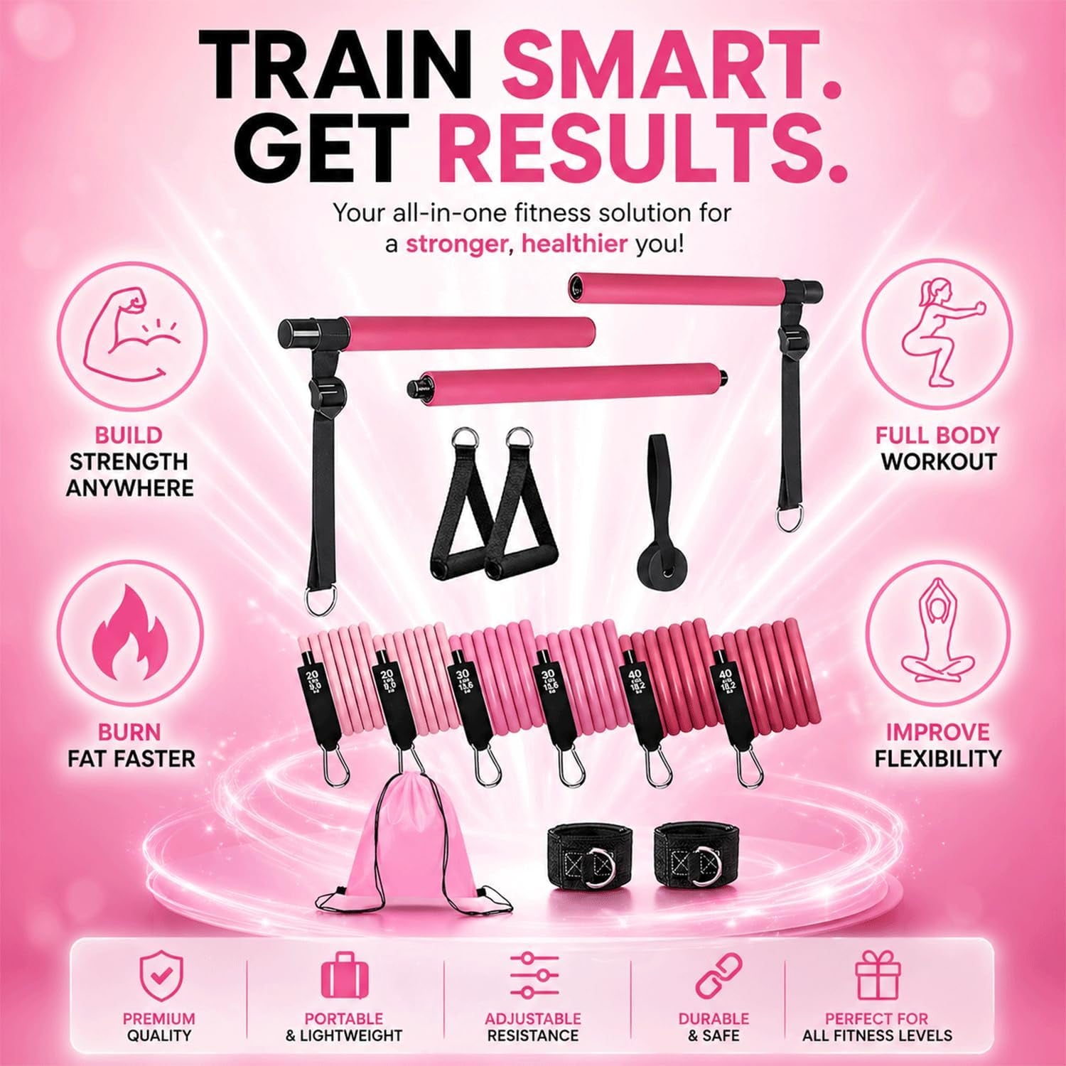 Pilates Bar Kit with Resistance Bands, Pilates Workout Equipment for Home Gym, Adjustable 3-Section Pilates Bar Kit for Women & Men, Ideal Pilates at Home Kit for Full Body Training & Flexibility