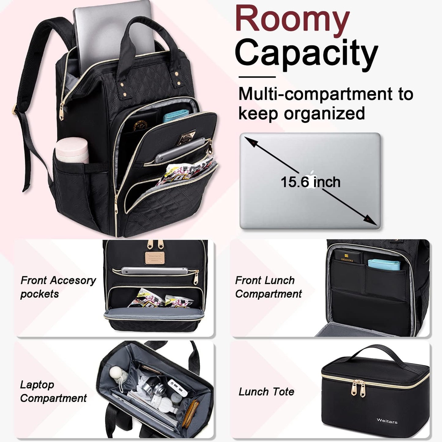 Lunch Backpack for Women,15.6 Inch Laptop Backpacks with Lunch Box
