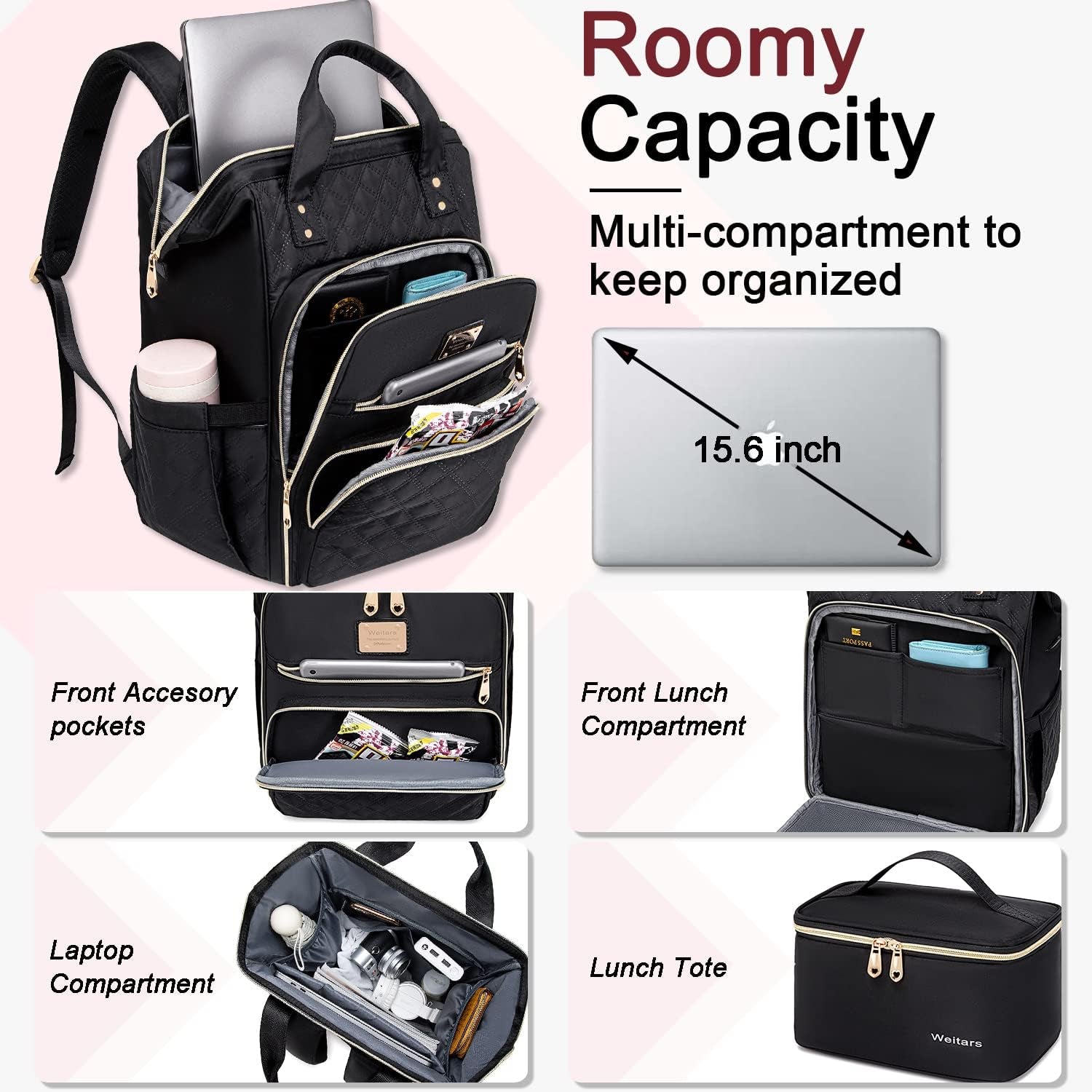 Lunch Backpack for Women,15.6 Inch Laptop Backpacks with Lunch Box