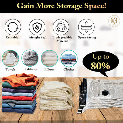 Vacuum Storage Bags 6 Pack with Hand Pump – Space Saver Compression Bags for Clothes, Bedding, Travel & Home Storage