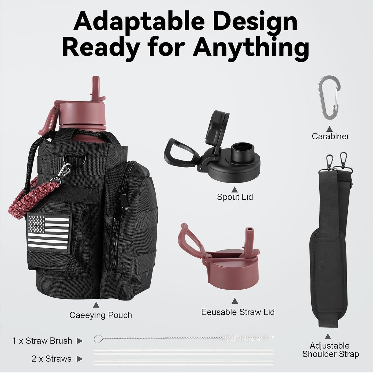 Insulated Water Bottle with Strap, 48-Hour Cold, 2 Lids