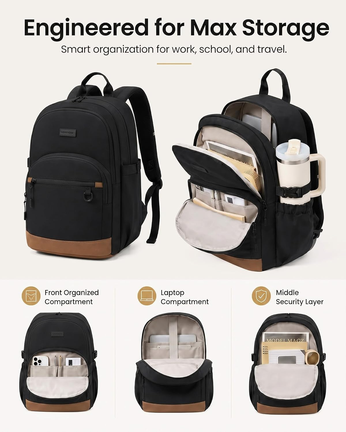 Travel Laptop Backpack, Waterproof Carry on Backpack for Women Men, 15.6 Inch Computer Bag, Large College School Bookbag with Luggage Sleeve, Chest Strap & Water Bottle Pocket