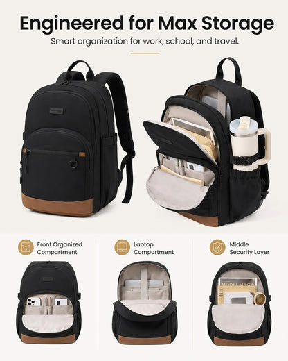 Travel Laptop Backpack, Waterproof Carry on Backpack for Women Men, 15.6 Inch Computer Bag, Large College School Bookbag with Luggage Sleeve, Chest Strap & Water Bottle Pocket