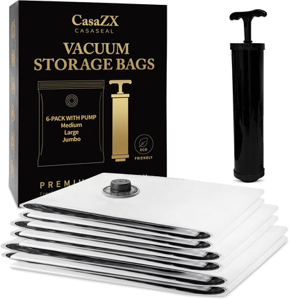 Vacuum Storage Bags 6 Pack with Hand Pump – Space Saver Compression Bags for Clothes, Bedding, Travel & Home Storage