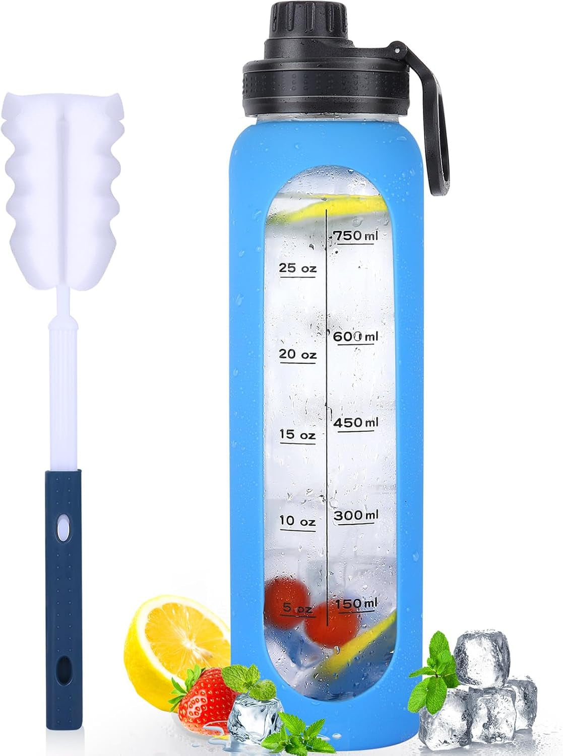 Glass Water Bottles 32Oz with Silicone Sleeve Drinking Hydration Bottles Reusable Borosilicate Wide Mouth Motivational Water Flask Canteen with Time Marker Spout Lid and Brush