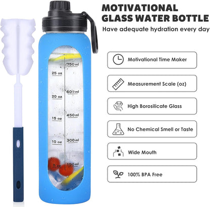 Glass Water Bottles 32Oz with Silicone Sleeve Drinking Hydration Bottles Reusable Borosilicate Wide Mouth Motivational Water Flask Canteen with Time Marker Spout Lid and Brush