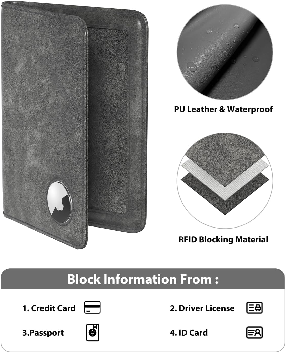 Airtag Passport Wallet, Grey, Unisex, Faux Leather, RFID Blocking, Anti-Waterproof