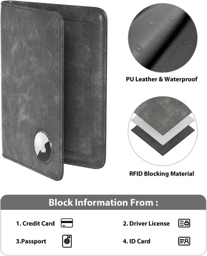 Airtag Passport Wallet, Grey, Unisex, Faux Leather, RFID Blocking, Anti-Waterproof