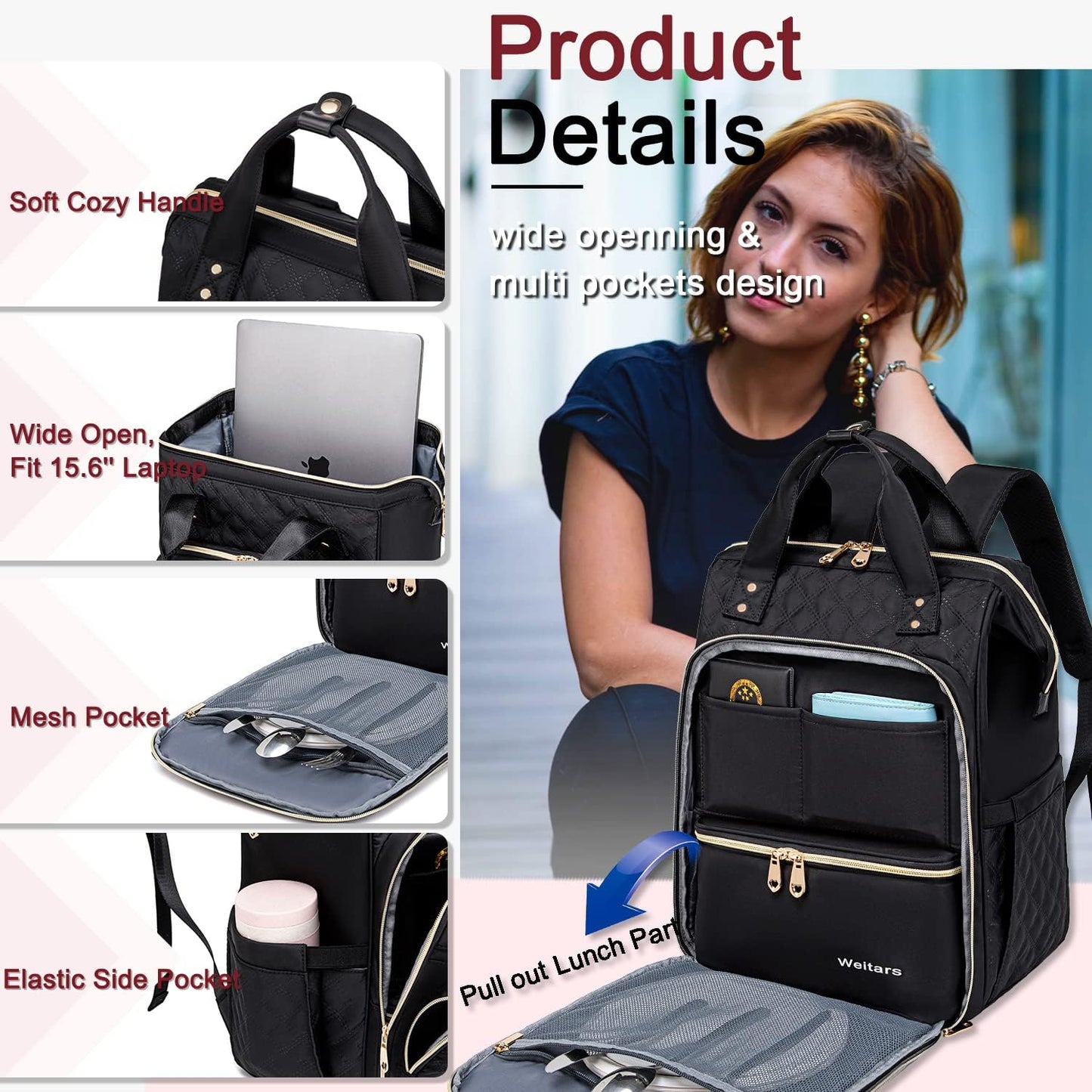 Lunch Backpack for Women,15.6 Inch Laptop Backpacks with Lunch Box
