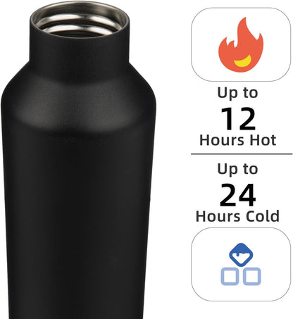 Insulated Water Bottle with Straw,25 OZ Double Wall Vacuum Stainless Steel Water Flask with 2 Lids,Black