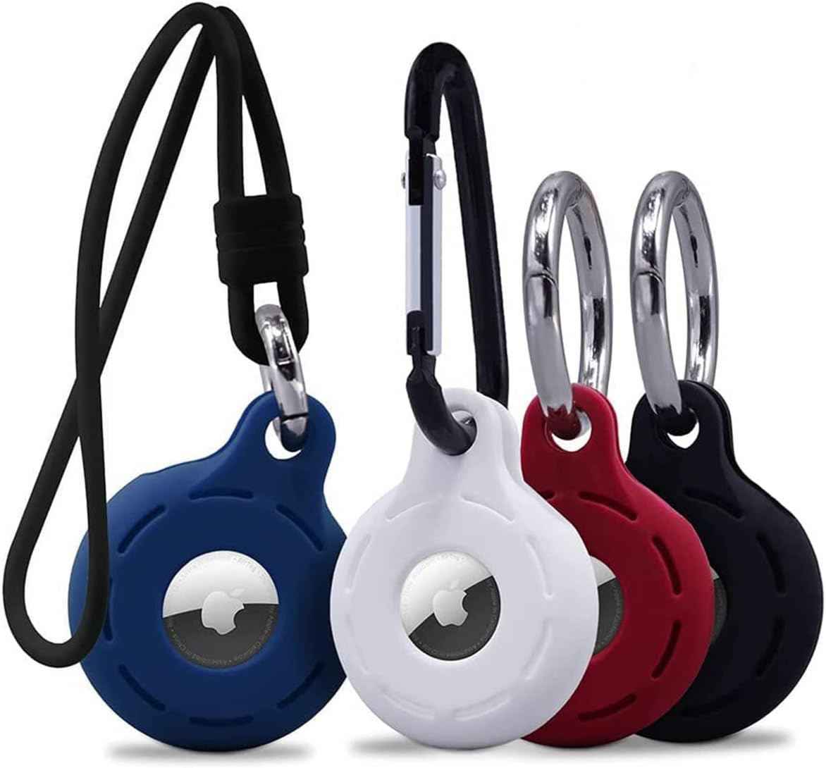 Airtag Holder 4 Pack Compatible with Apple Airtag – Silicone Airtag Keychain Holder Case for Keys, Bags, Backpacks, Luggage & Pets – Secure Protective Airtag Covers (Black, White, Red & Blue)