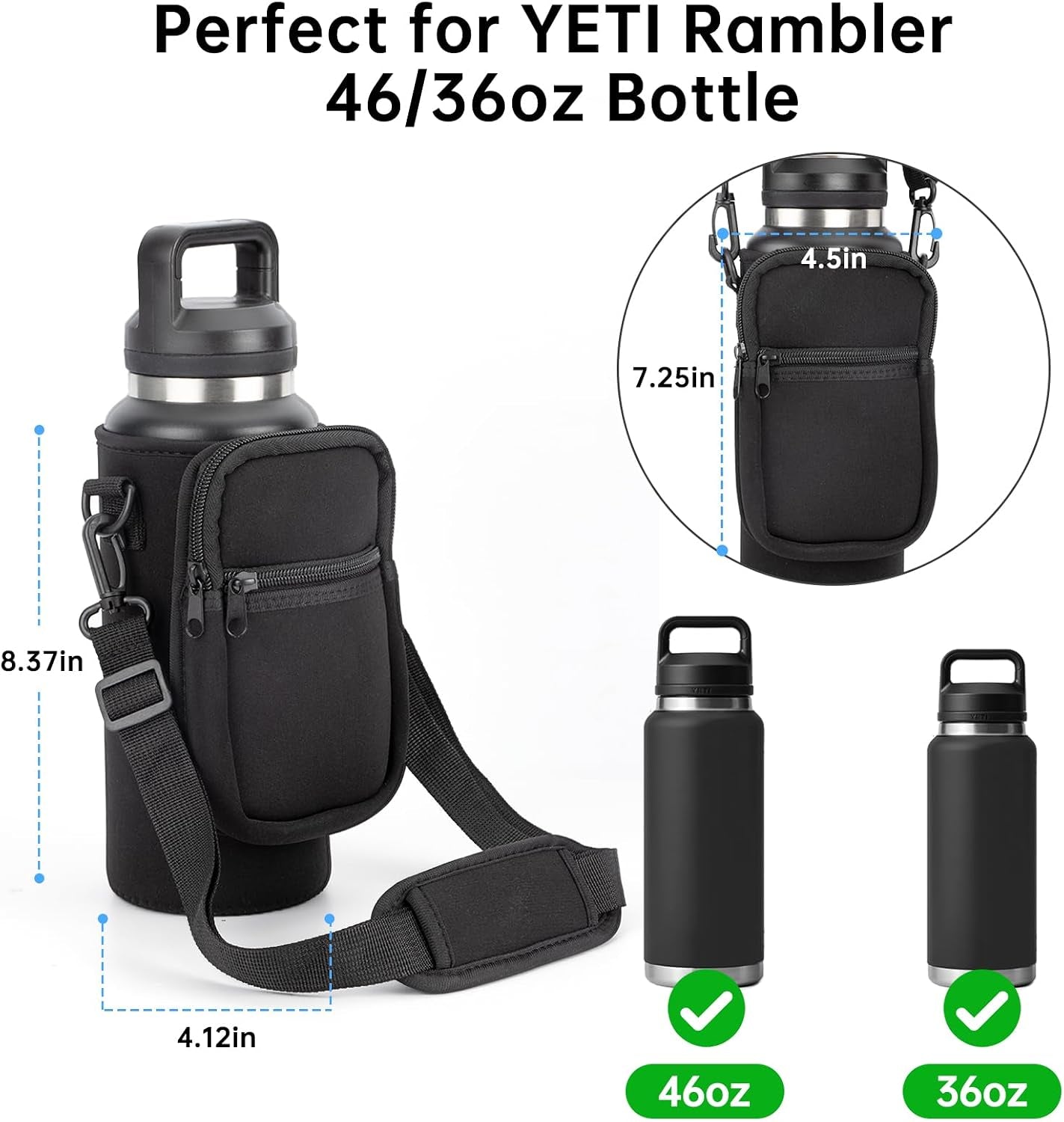 Water Bottle Carrier Bag for YETI Rambler 46/36Oz Bottle - Water Bottle Holder with Strap, Adjustable Shoulder Sling Bag with 2 Pocket for Travel Hiking