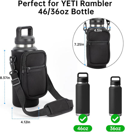 Water Bottle Carrier Bag for YETI Rambler 46/36Oz Bottle - Water Bottle Holder with Strap, Adjustable Shoulder Sling Bag with 2 Pocket for Travel Hiking